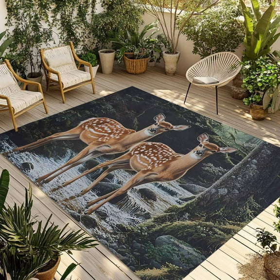 Fsddascl Farmhouse Forest Deer Outdoor Rug for Patio/Deck/Porch, Non-Slip Large Area Rug 5 x 8 Ft, River Elk Trees Indoor Outdoor Rugs Washable Area Rugs, Reversible Camping Rug Carpet Runner
