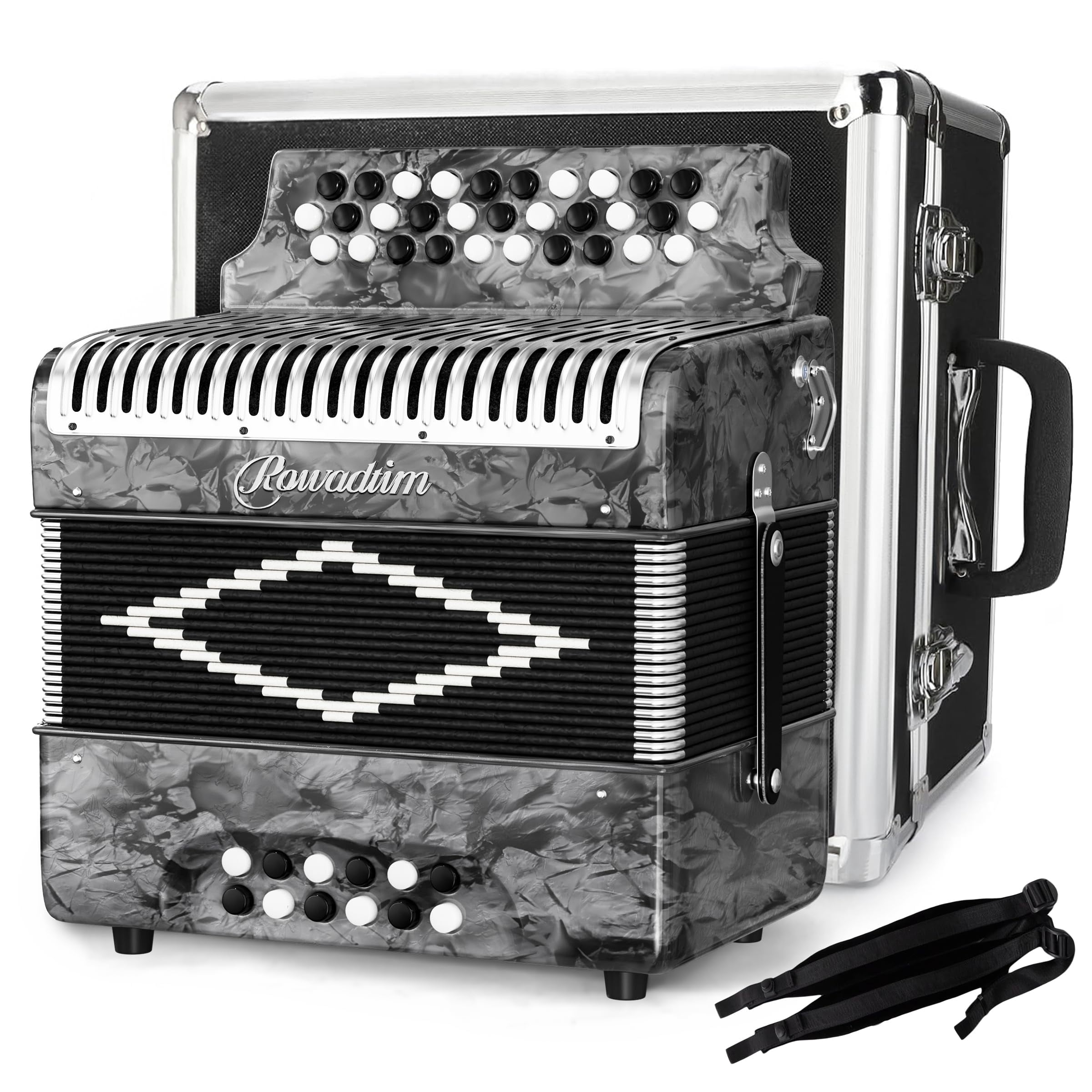 Rowadtim 31 Key Diatonic Accordions, 12 Bass Buttons (G/C/F Tuning) Suitable for Beginners, Adults, Performances and Teachers; Comes with  Case, Adjustable Strap, Gloves and Polishing Cloth (Gray)