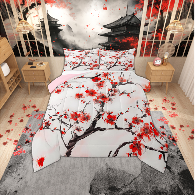 Erosebridal Pink Cherry Blossoms Bedding Full Comforter Set, Japanese Style Down Comforter, Reversible 3 Pieces