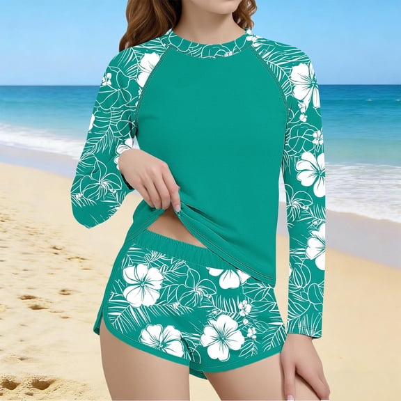 SGFCWSX Girls Rash Guard Swimsuit, Kids 2-Piece Long Sleeve Crew Neck Top and Gradient Shorts, UPF Sun Protection Bathing Suit Multicolor Size 10-11 Years