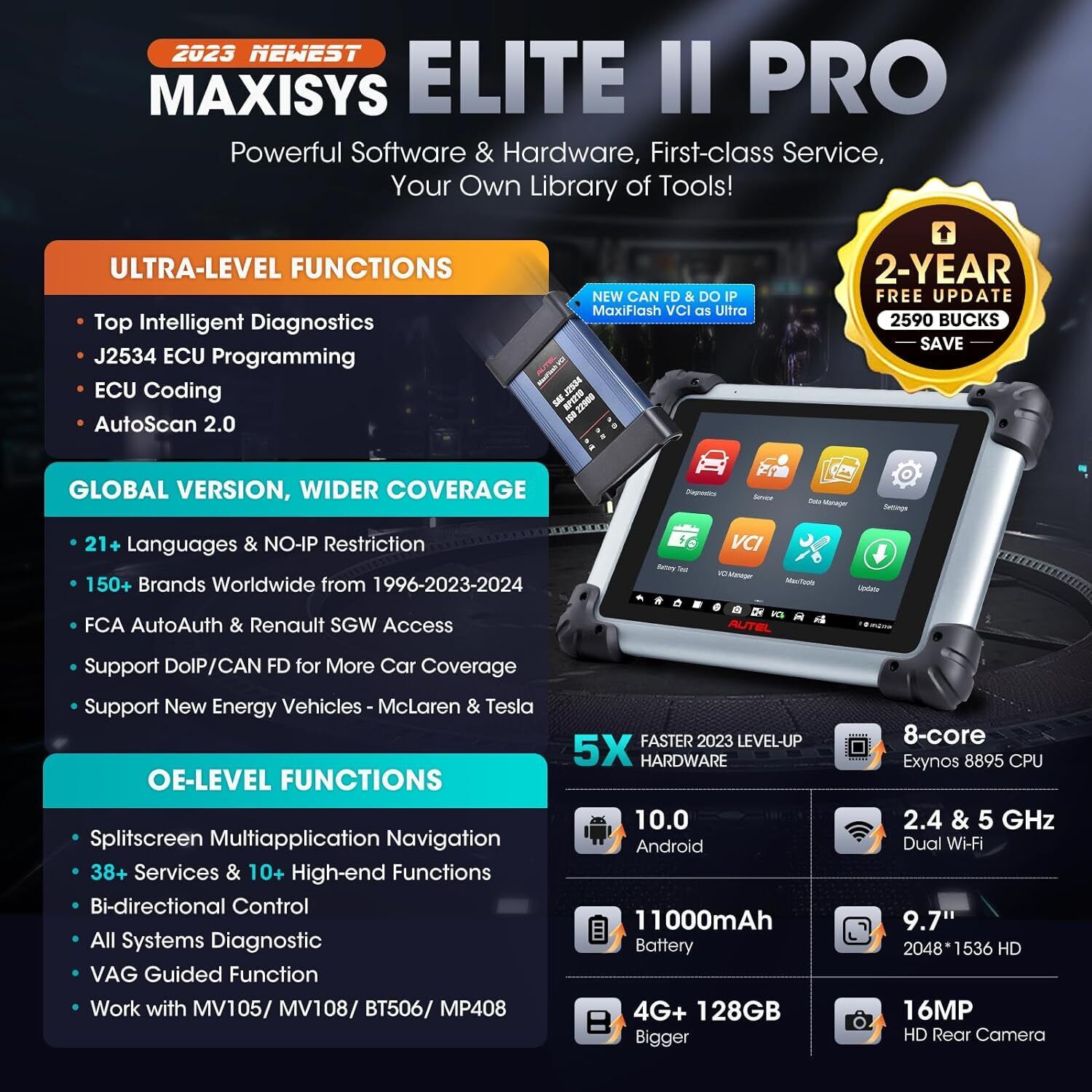 Autel MaxiSys Elite II Pro Automotive Diagnostic Scanner Intelligent Diagnostic 2.0, 40+ Services, CAN FD & DoIP, J2534 Programming Coding, 2-Year Free Update New Ver. of Ultra/ MS919/ MS909 - image 2 of 9