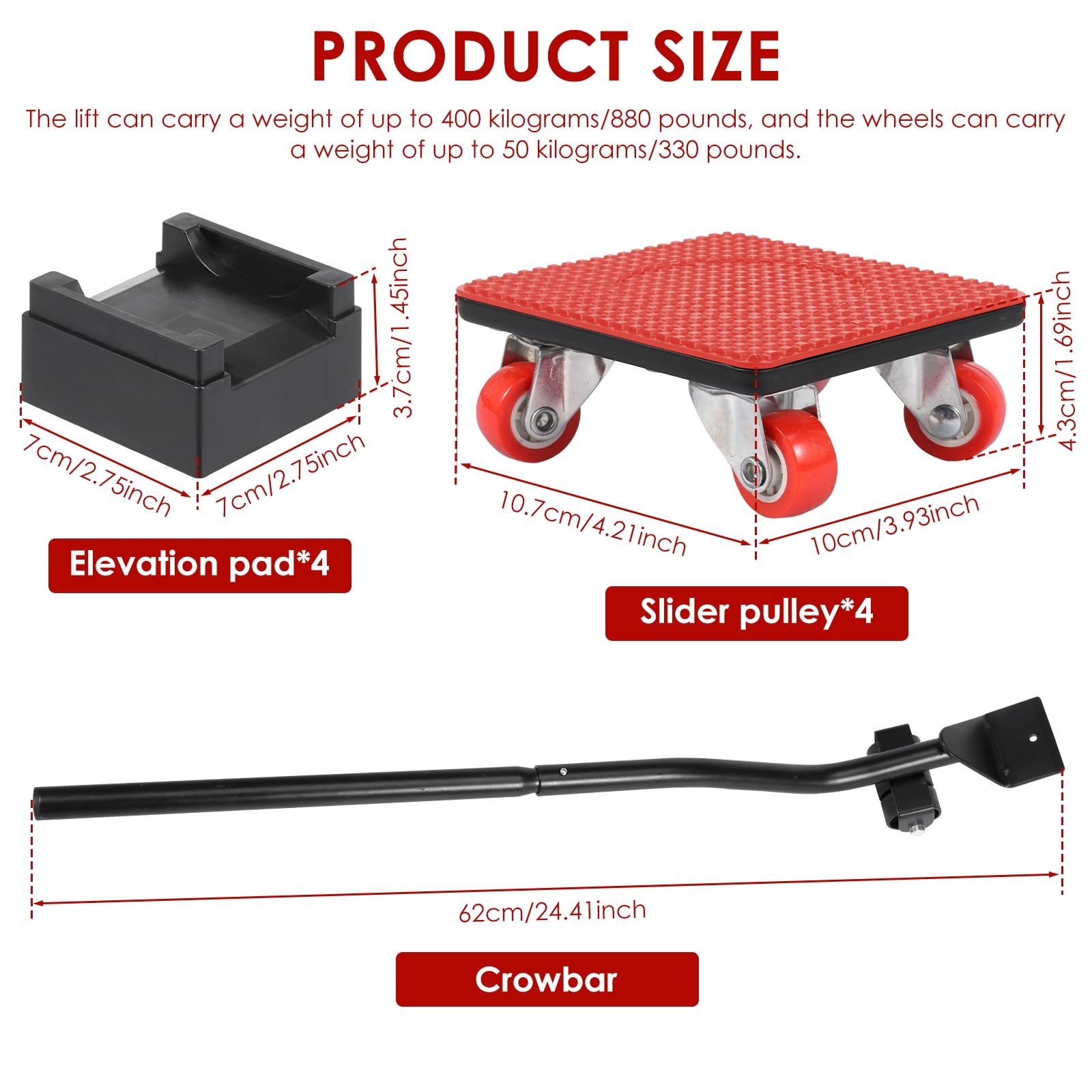 Black 880 LBS Max Weight Carbon Steel 13.76 in x 4.72 in x 3.93 in Heavy Duty Furniture Dolly, 9 Piece