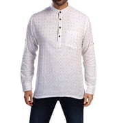 In-Sattva Mens Cotton Printed Henley Style Sattva-Collar Hip-Length Kurta Tunic; Ivory White; LG