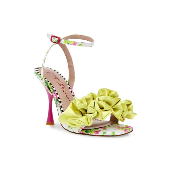 BETSEY JOHNSON Womens Green Mixed Media Ankle Strap Ruffled Elmira Square Toe Stiletto Buckle Heeled Sandal 5