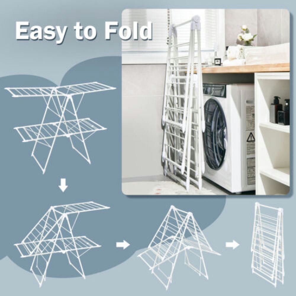Finihen Drying Rack, Clothes Drying Rack, 2-Level Foldable Clothes Drying Rack with Height-Adjustable Gullwings, for Indoor, Outdoor, White Finihen Drying Rack, Clothes Drying Rack, 2-Level Foldable Clothes Drying Rack with Height-Adjustable Gullwings, for Indoor, Outdoor, White