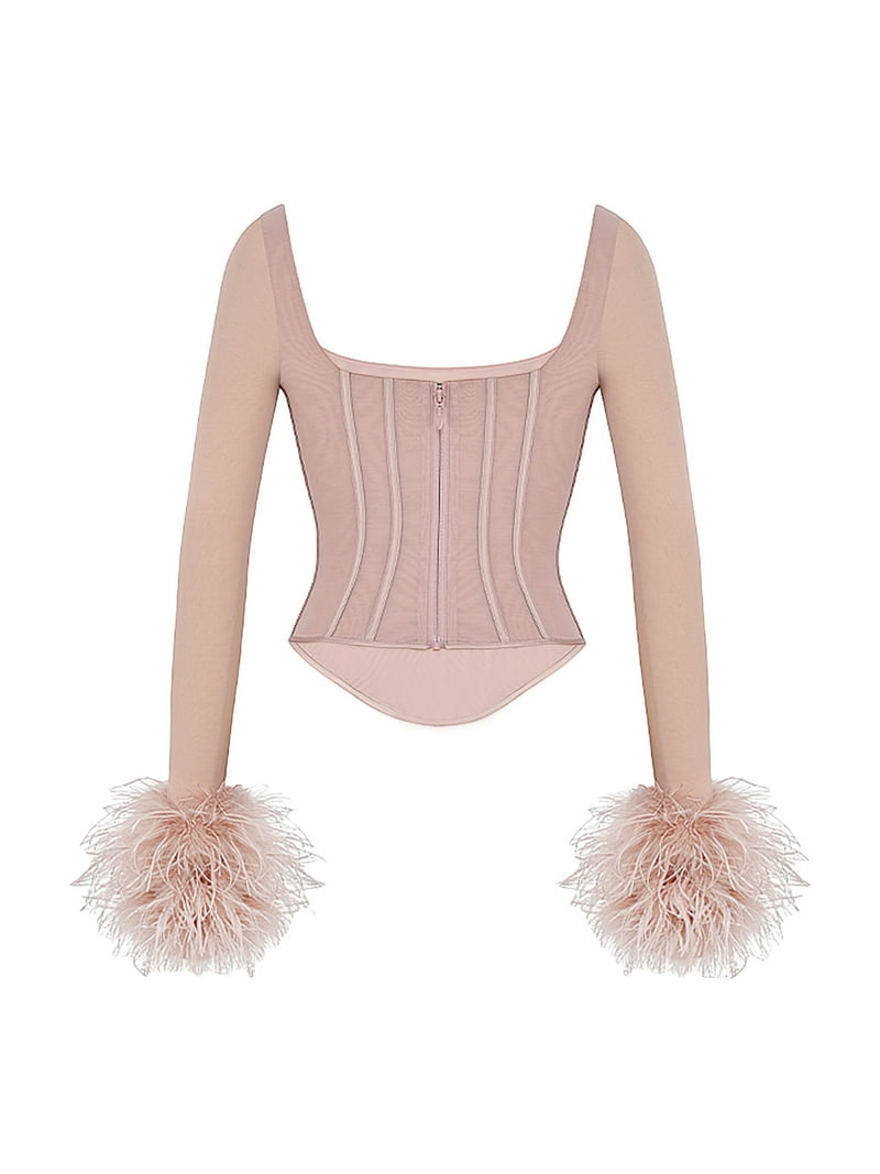 【EN NEUME】Bustier Design Blouse Inevnen Feather Trim Long Sleeve Corset Crop top Square Neck
