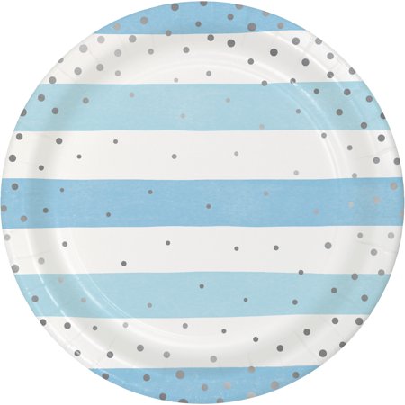 Blue and Silver Celebration Round Paper Plates 24 Count for 24 Guests