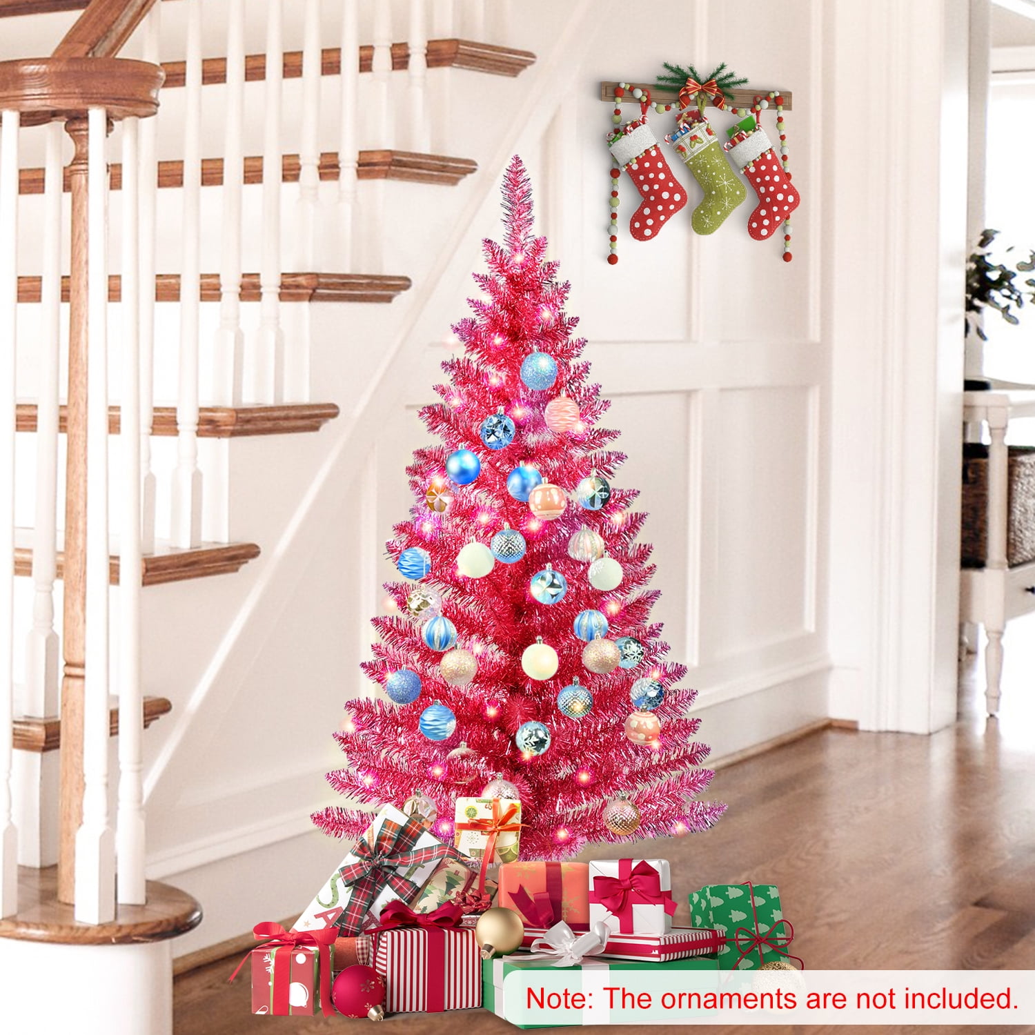 4 Ft Red Christmas Tree with 50 UL Lights, 122 PVC Tips, Prelit Artificial Holiday Tree for Indoor Decoration, Small Space, Tabletop, Apartment, or Office