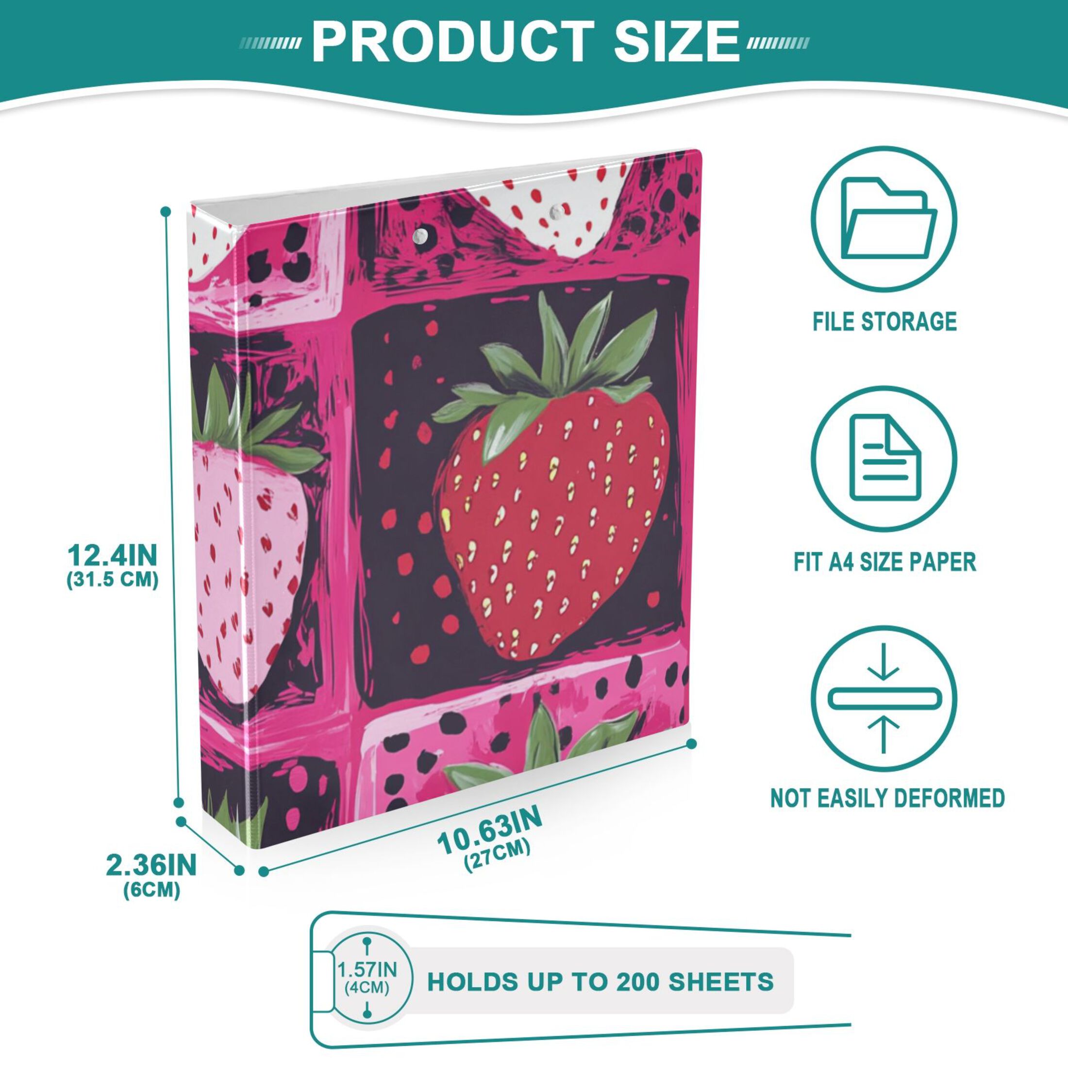 Strawberrys and Grids 3 Ring Binders 1.5 inch Hardcover File Folders with Interior Pockets A4 Size Organizer for School Office Hospital