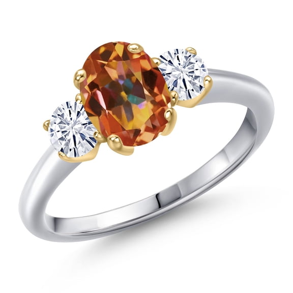 Gem Stone King 10K Two Tone Gold Ecstasy Mystic Topaz and White Moissanite Engagement Ring for Women | 1.96 Cttw | Oval 8X6MM | Gemstone November Birthstone | Size 8