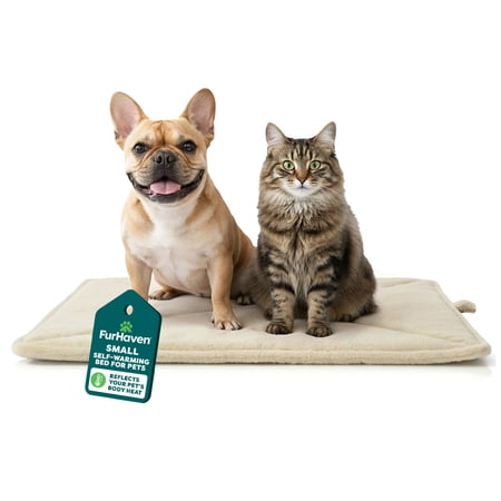 FurHaven ThermaNAP Self Warming Cat Mat, Dog Bed for Crates with Self-Warming Technology for Cozy Rest, Fully Machine Washable, Small, Plush Faux Fur, Cream