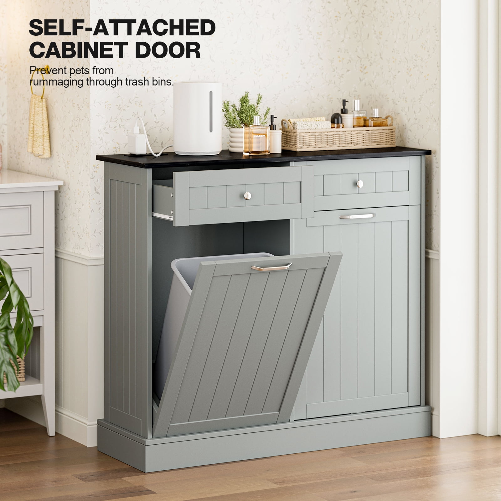 Double Tilt Out Trash Cabinet with Charging Station, Upgrade Wooden Free Standing Trash Cabinet with Outlet, Recycling Cabinet with Hideaway Drawer, 20 Gallon Tilt Out Trash Cabinet(Grey)