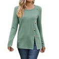 thumbnail image 2 of Baqcunre Long Sleeve Shirts For Women Women'S Round Neck Solid Button Split Long Sleeve T Shirt Top Womens T Shirts Workout Tops For Women Green XL, 2 of 4
