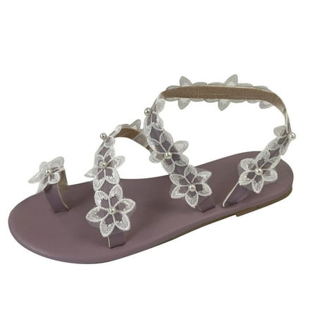 

Kukoosong Flip Flops for Women Flats Flowers Beaded Open Toe Breathable Comfortable Shoes Roman Sandals Women Purple 39