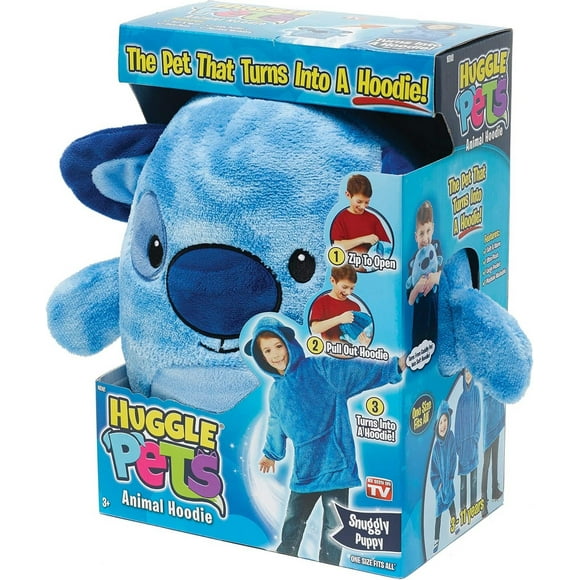 As Seen On TV Huggle Pets Snuggly Puppy Blue Plush 2-in-1 Stuffed Animal and Kids Hoodie with Zipper – One Size Fits All
