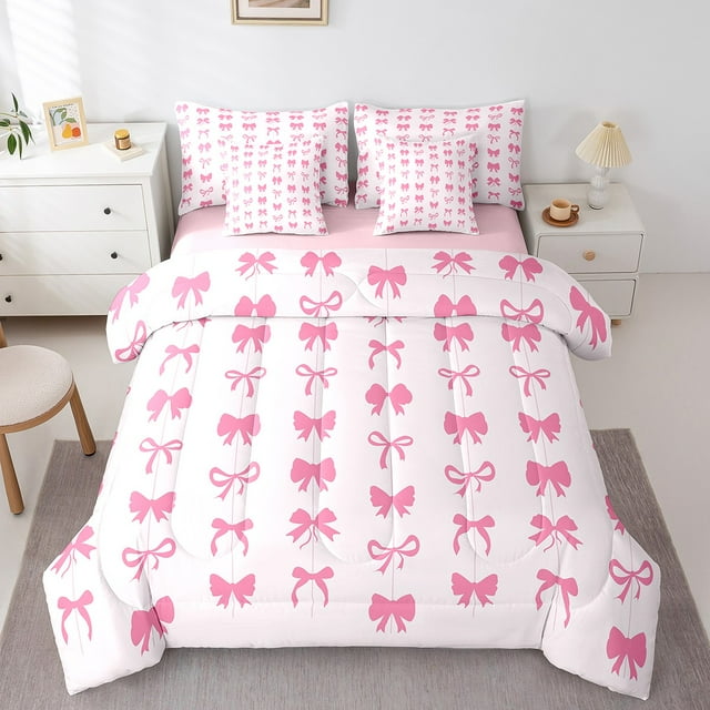 Erosebridal Literie Kawaii Rose avec Nœud Format Grand, Ensemble de Lit Rose Format Grand, Déco Nœud de Princesse, Réversible 7 Pcs