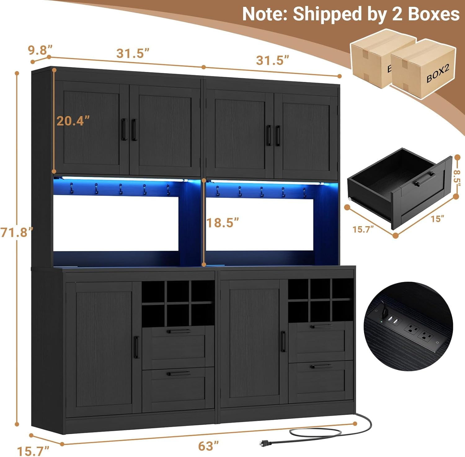 Homieasy 72'' Tall Pantry Cabinet with Outlet & LED Light, 63'' Wide Kitchen Hutch Bar with Microwave Stand, Drawers, Wine Rack & Shelves, Cupboard for Dining Room, Dark Black