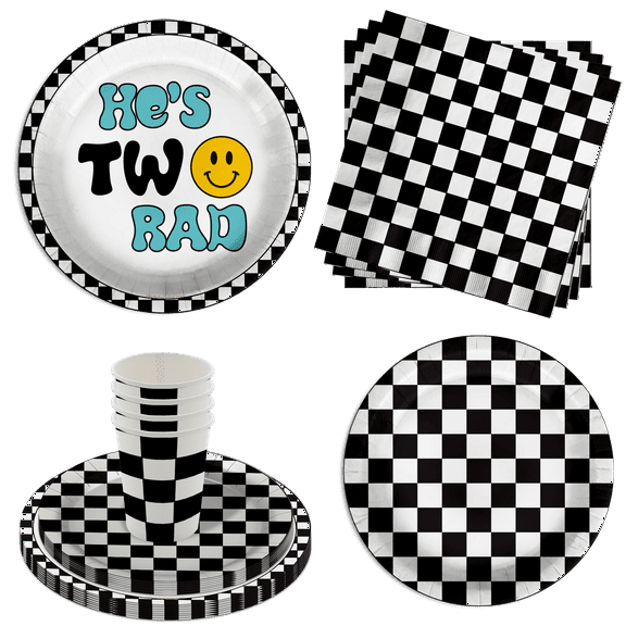 Two Rad Smiley Face 2nd Birthday Party Supplies 64 Piece Tableware Set Includes Large 9" Dinner Plate and Small Dessert Plates Cups and Napkins Tableware Kit for 16