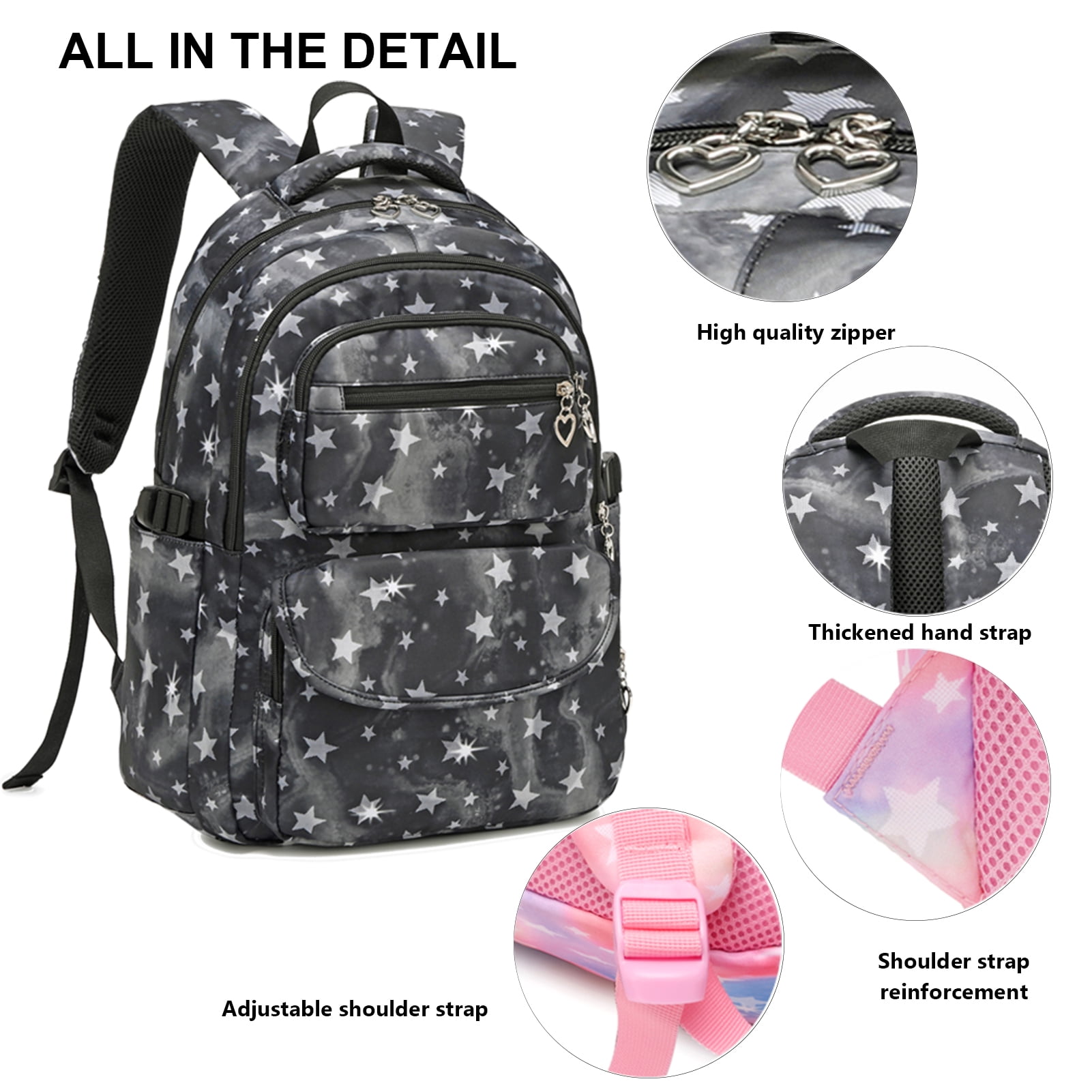 Black Star Print School Backpacks Set for Teen with Lunch Bag Water Resistant Lightweight Large Books Bag