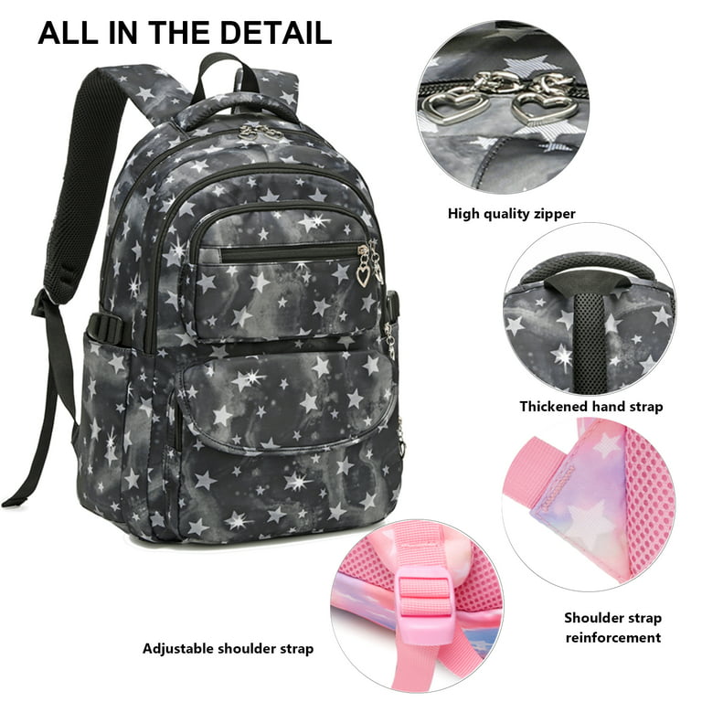 Forestfish Black Star Print Kids School Backpacks Set for Teen