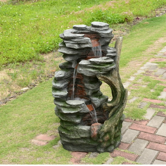 Teamson Home Outdoor 32" Cascading Faux Rock & Wood Fountain Yard Décor, Brown