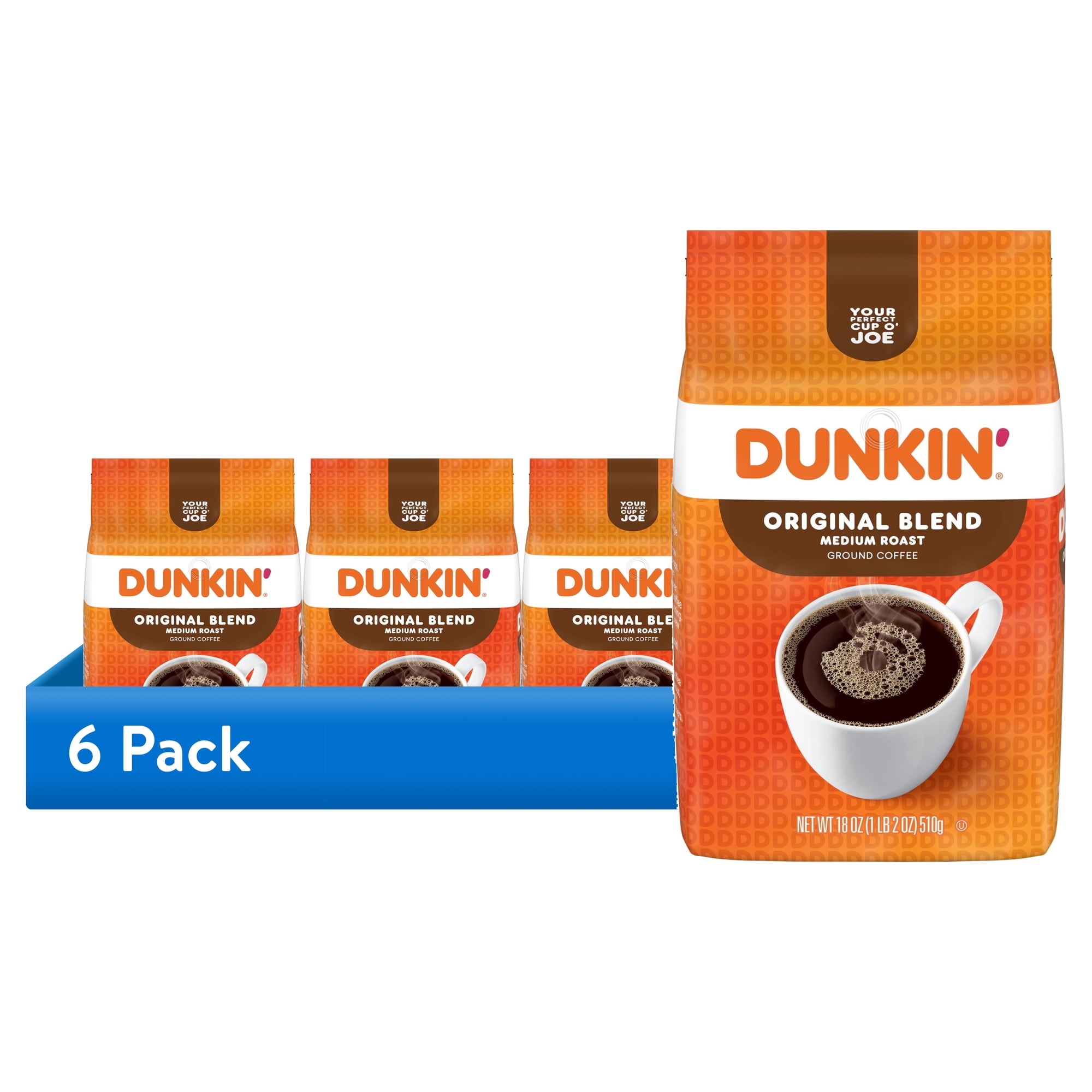 (6 pack) Dunkin’ Original Blend Medium Roast Ground Coffee, 18 oz Bag