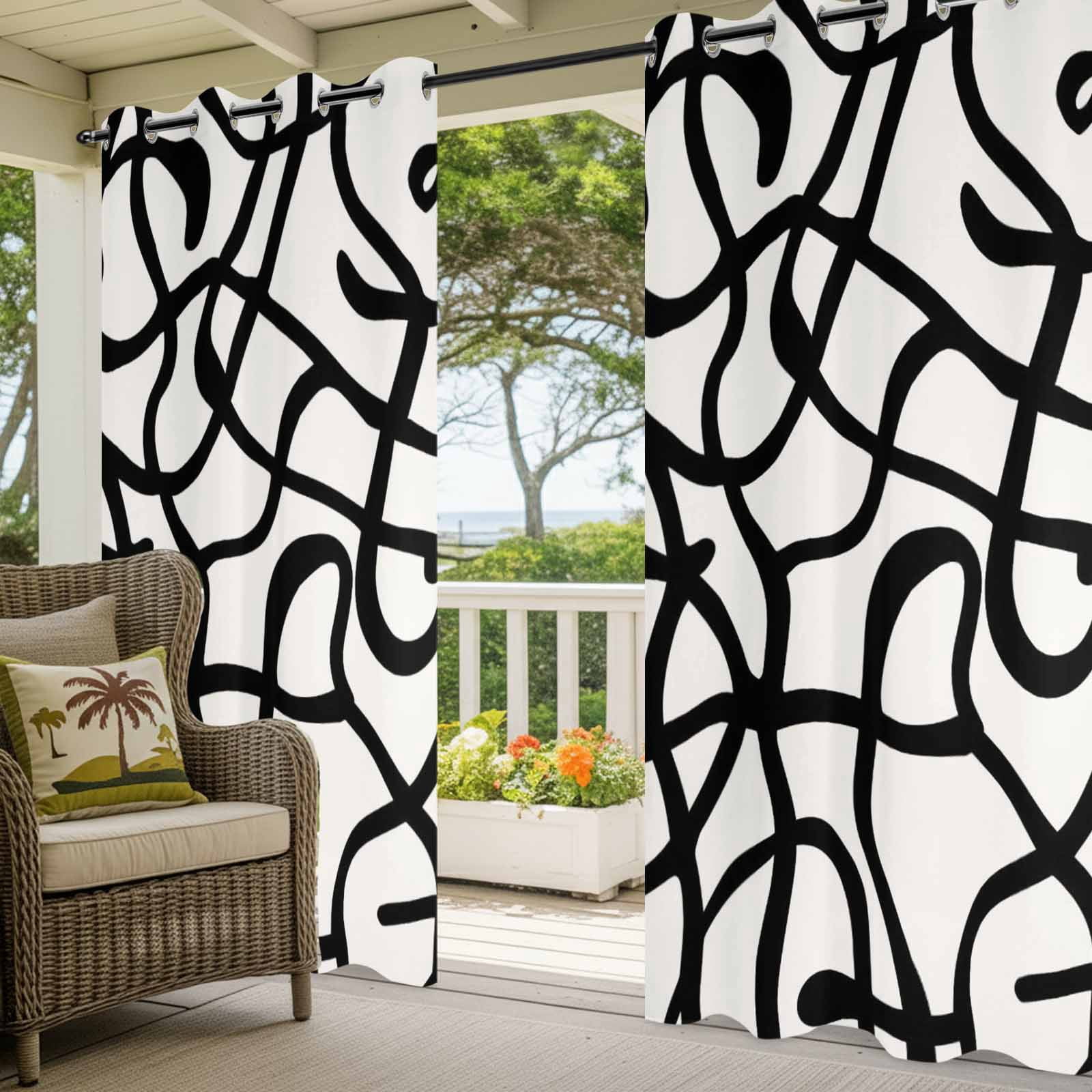 Abstract Line Outdoor Curtains for Patio, Retro Black Wave Line Art White Minimalist Sunshade Privacy Drapes Grommet Waterproof Outside Curtains for Porch/Cabana/Balcony 54"x 108", 1 Panel