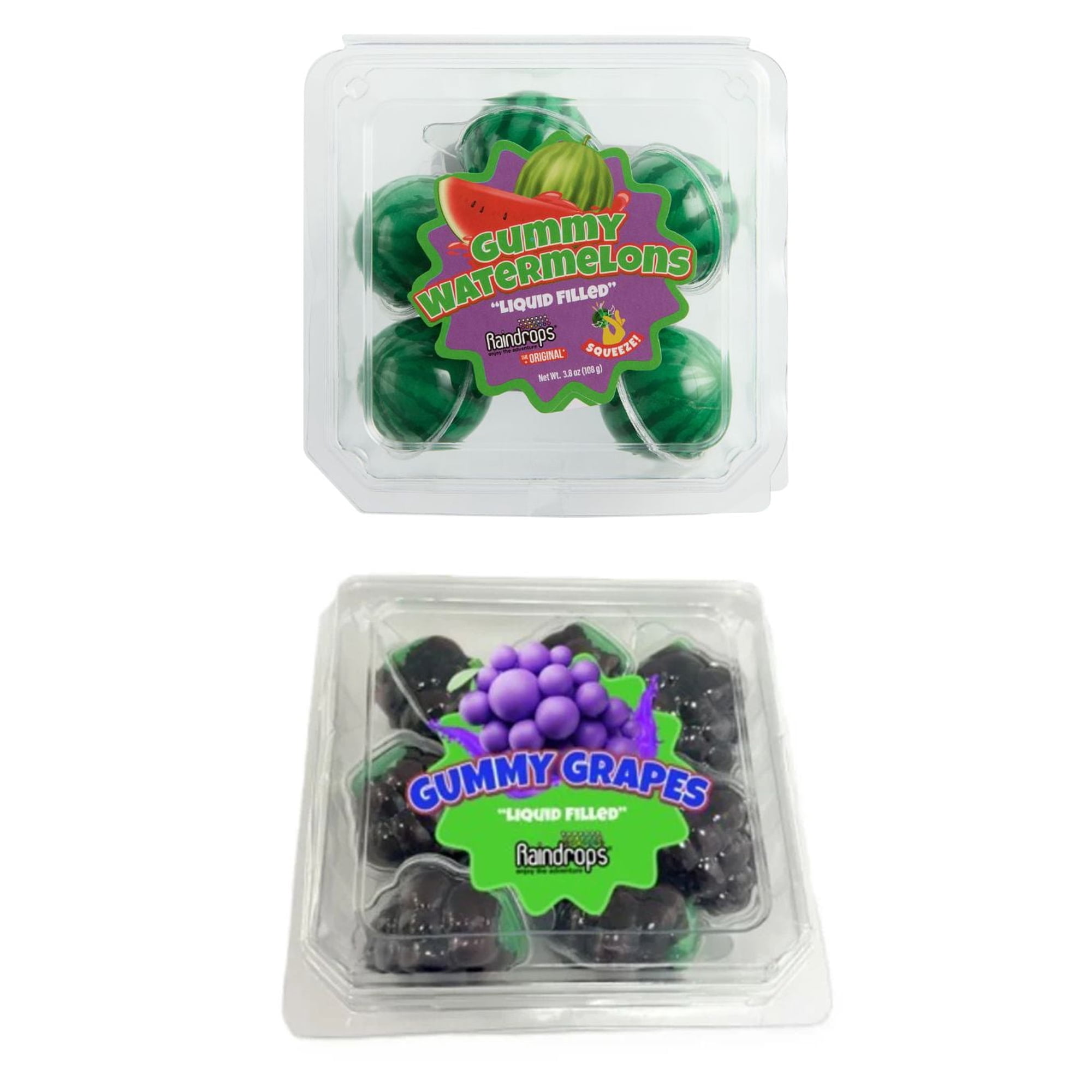 Raindrops Liquid Filled Gummies Variety 2 Pack – Grape 3.8 oz & Watermelon 3.8 oz