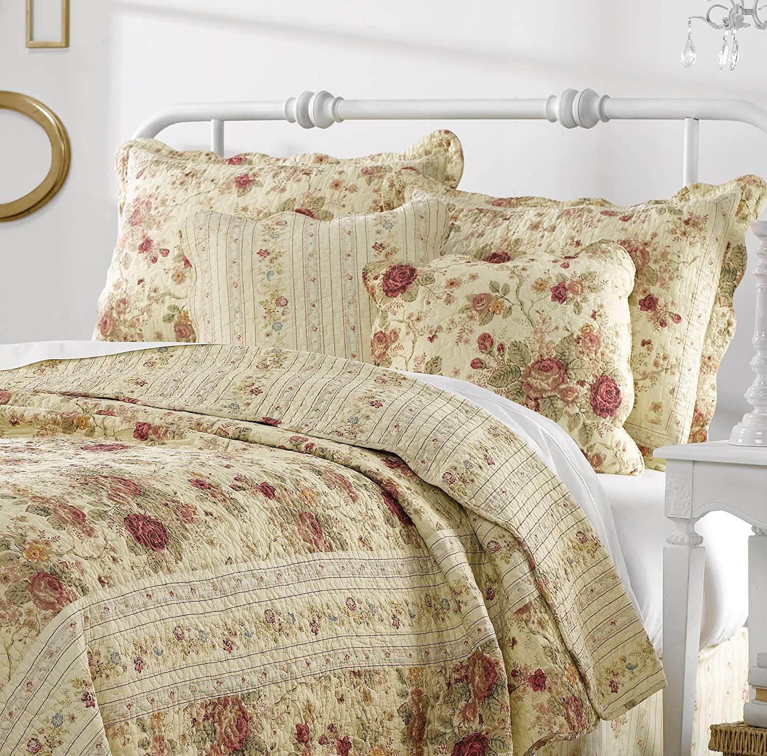 Greenland Home Fashions Antique Rose 100% Cotton Reversible Quilt Set With Decorative Pillows, 4-Piece Twin/Twin-XL, Ecru