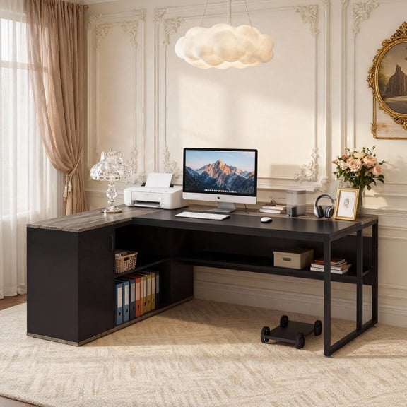 KIOOTTO 71" L-Shaped Executive Desk with Storage Cabinet & Mobile CPU Stand, Large Corner Computer Desk for Home Office, E0 Wood & Metal Frame, Black