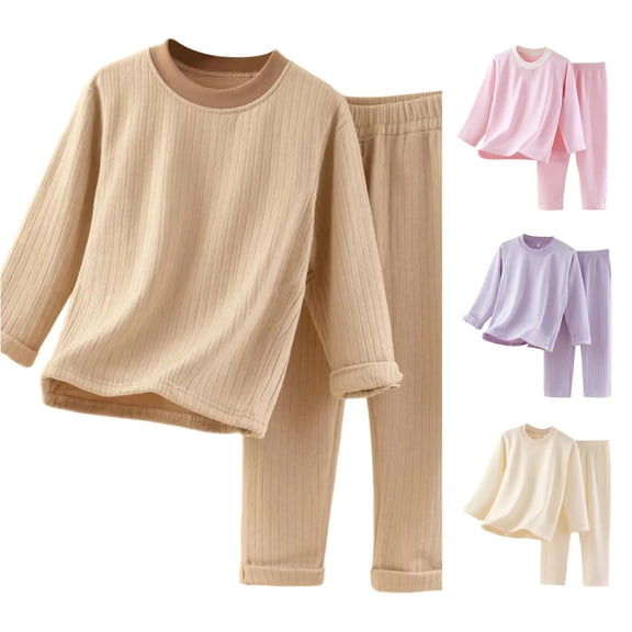 WAYUTE Girls Pajamas Fall Winter Long Sleeve Cozy Thermal Crew Neck Top and Pants for Kids Soft Warm Solid Color Home Outfit Nightwear Casual Indoor,Coffee,Size 6 Y-7 Y
