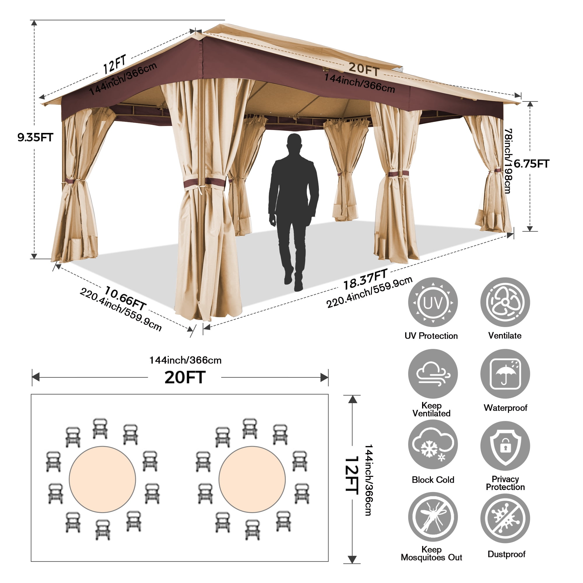SANOPY 12x20ft Heavy Duty Gazebo with Metal Steel Frame Sturdy Tent with Privacy Curtain and Mosquito Netting Outdoor Gazebo for Garden, Lawn, Backyard, Garage,Khaki