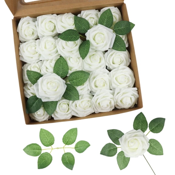 Artificial Flowers 25pcs Real Looking Ivory Foam Roses with Stems for DIY Wedding Bouquets Bridal Shower Centerpieces Party Decorations