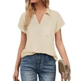 thumbnail image 2 of Sarapandan Women Shirt V Neck Lapel Short Sleeve Pure Colour Casual Summer Blouse for Home Office Khaki M, 2 of 6