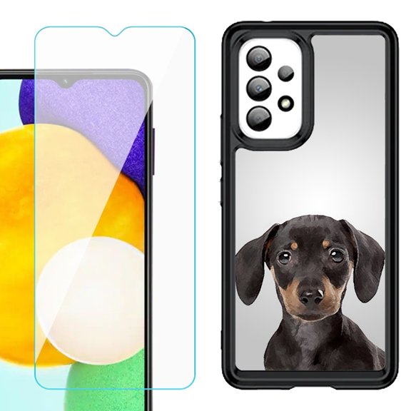 Shockproof Bumper (Black Frame) phone Case for Samsung Galaxy A23 5G, with Tempered Glass Screen Protector, by OneToughShield ® - Dachshund Face