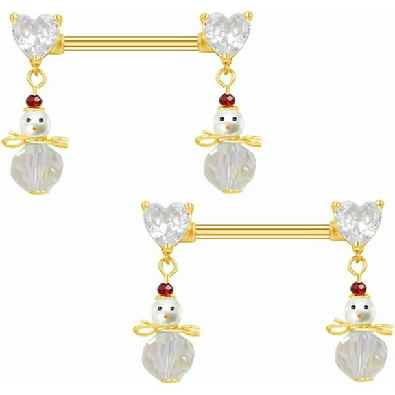 14G Christmas Snowman Dangle Nipple Rings for Women CZ Crystal Heart Nipplerings Barbell Dangling Charm Nipple Piercing Shield Xmas Holiday Body Piercing Jewelry