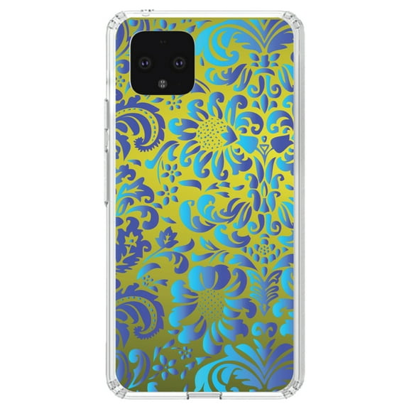 DistinctInk Clear Shockproof Hybrid Case for Google Pixel 4 (5.7" Screen) - TPU Bumper, Acrylic Back, Tempered Glass Screen Protector - Green Blue Teal Floral Pattern