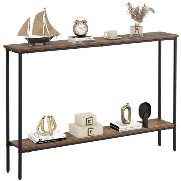 Gymax 44'' Narrow Entryway Table Console Table w/ Shelf & Dual Anti-Tipping Kits Brown & Black