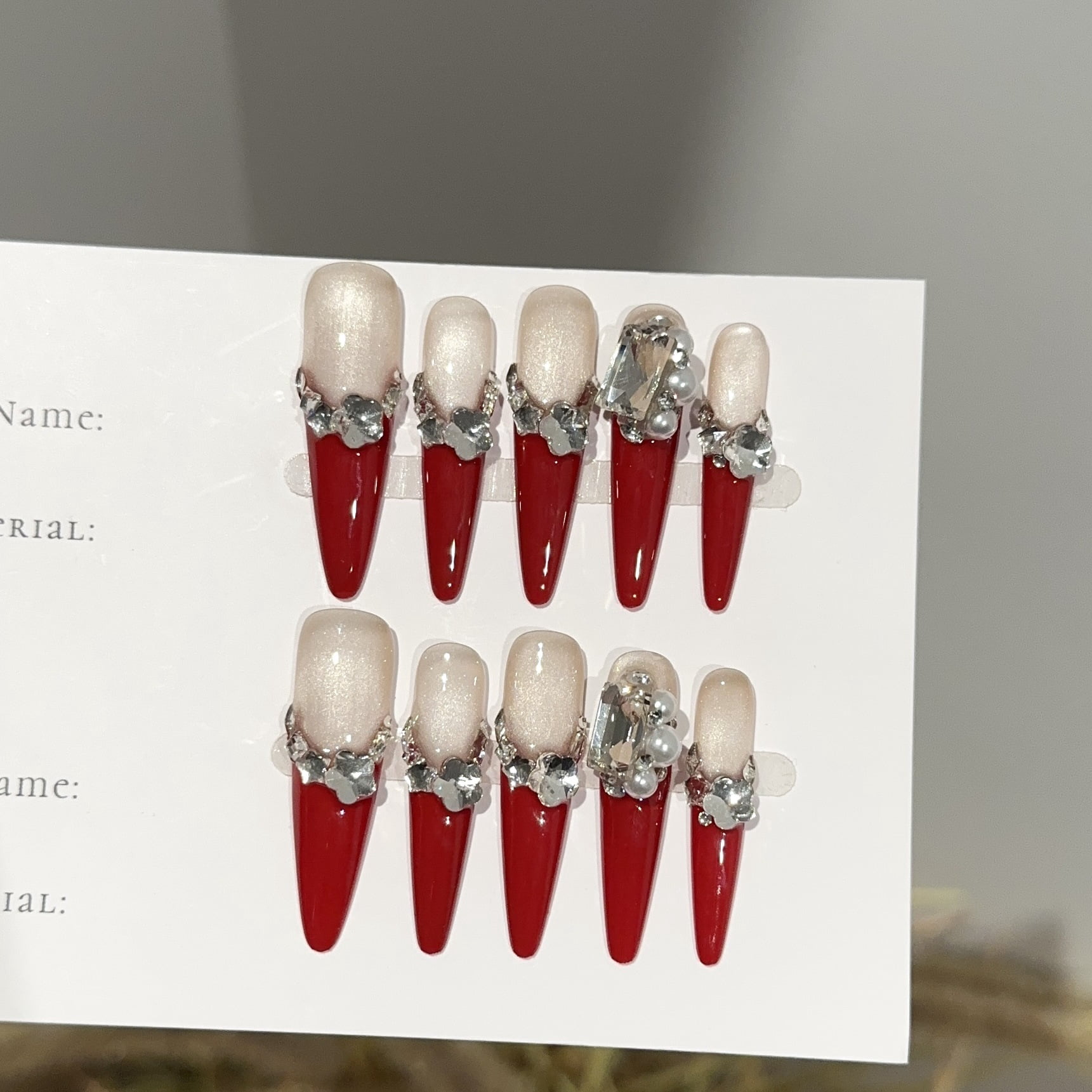 Purely handmade wearing nail advanced sense autumn and winter red New Year's long nail art piece diamond flash fake nail patch