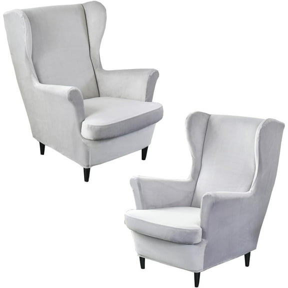 NAMZI 2 Sets Velvet Stretch Wingback Chair Sofa Slipcover Solid Color Plush Sofa Cover Furniture Protector Couch Soft with Elastic Bottom, Light Grey
