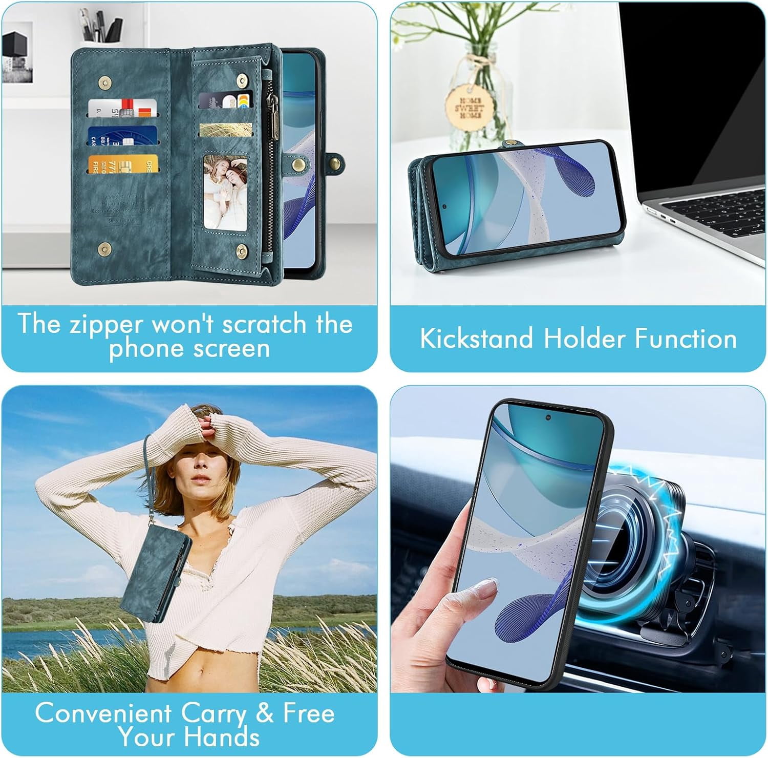 Asuwish Phone Case for Motorola Moto G 5G 2023 Zipper Wallet Detachable Cell Cover with Tempered Glass Screen Protector Crossbody Lanyard Strap Flip Card Holder Slot G5G 5 G G5 Women Men Girls Blue