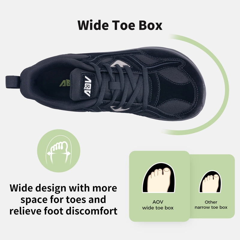 AOV Extra Wide Toe Box Arch Support Walking Shoes,Orthotic Plantar Fasciitis Tennis Sneaker,Black&gray,Size 9