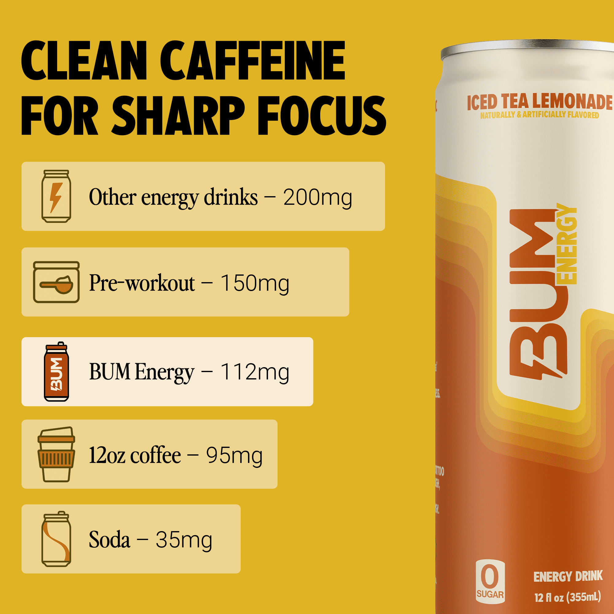 Bum Energy Drink, Iced Lemon Tea, 112mg Natural Caffeine, 12 fl oz Cans, 12-Pack