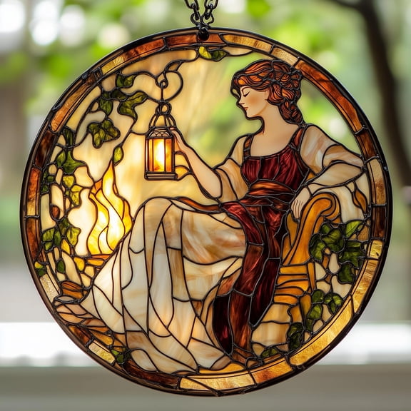 Hestia Goddess Wavy Acrylic Faux Wavy Acrylic Suncatcher, Hearth Flame Round Window Hanging, Cozy Greek Mythology Gift For Her Or Mom