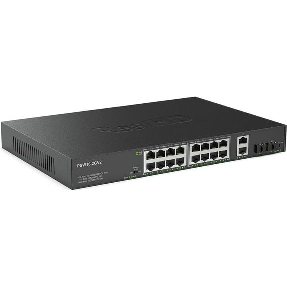 16 Port Full Gigabit PoE Switch with 2 *Gigabit SFP Ports & RJ45 Ports, Unmanaged Plug and Play, High Power Total Budget 300W, 803.af/at Compliant, Fanless & Slience, Metal Housing, Rack Mount