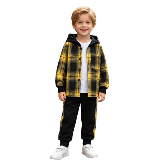 OYXSER 6T Boy Clothes Toddler Boys 2 Piece Cotton Plaid Hooded Shirt and Elastic Waist Pants Set Comfortable Daily Outfit, Yellow 6 Years