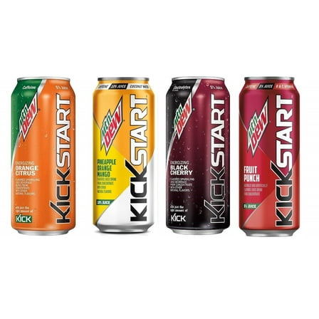 Mountain Dew Kickstart Variety Pack: Fruit Punch, Black Cherry, Orange Citrus, Pineapple Orange Mango, 16 fl oz, Pack of 12