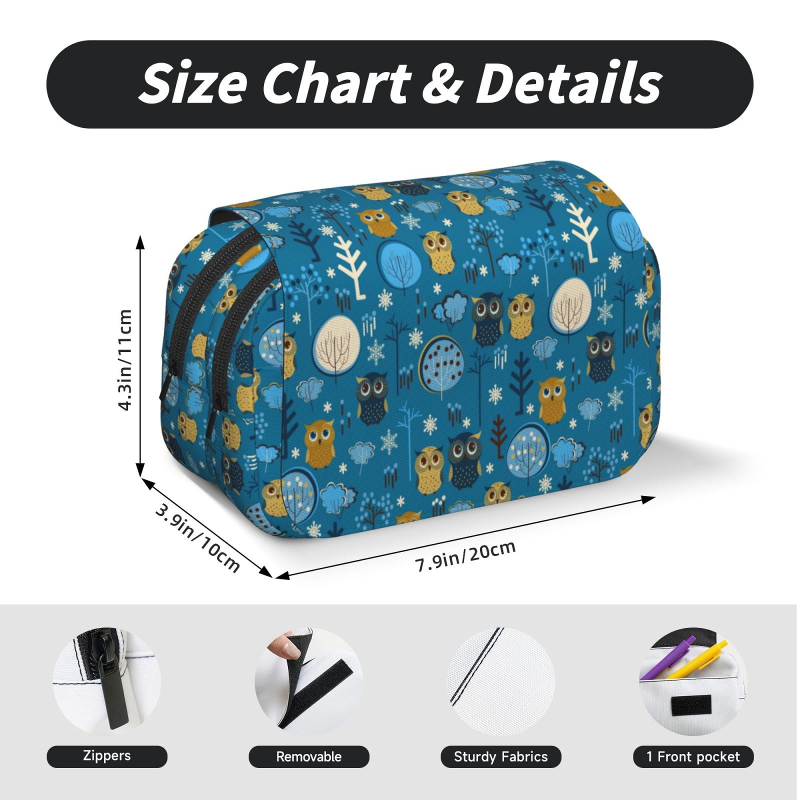 Rateoe Owls And Trees Pattern Double Clamshell Pen Case, Storage Organizer with Two Zipper Compartments– Holds Up to 50 Pencils & Pens