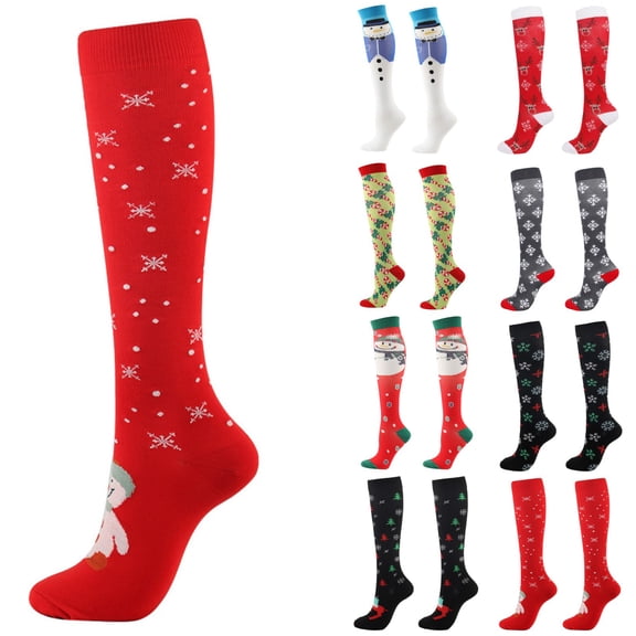 Multicolor Christmas Knee High Socks for Women Christmas Socks Polyester Holiday Crew Socks Cozy Winter Xmas Socks Funny Novelty Christmas Gift Socks Stocking Stuffer Accessories One Size