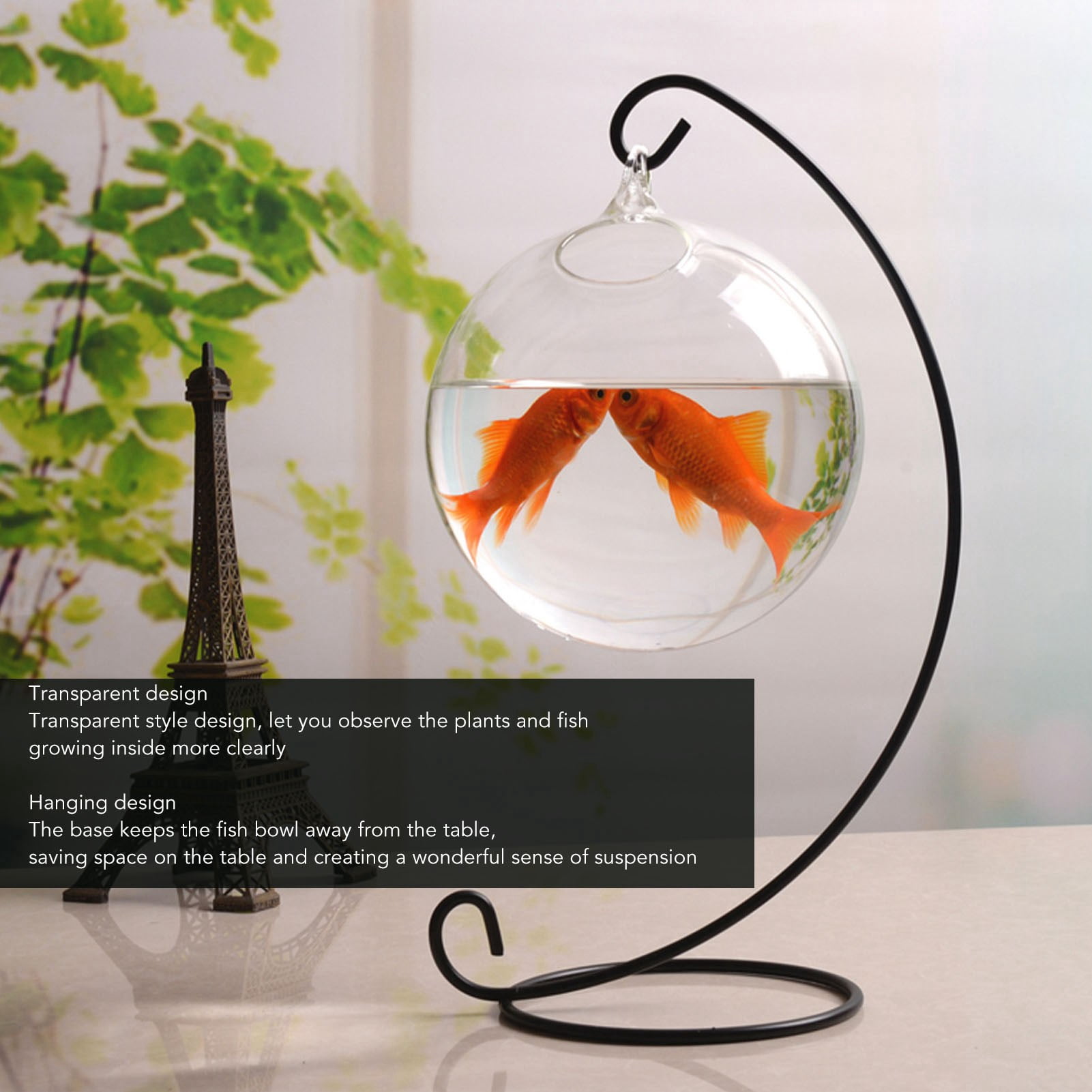 BIMZUC Hanging Glass Fish Tank Transparent Desktop Bowl with Metal Stand for Home Office Decor Mini Aquarium Kit for Betta Goldfish Plants 5.91 inches / 15.0 cm